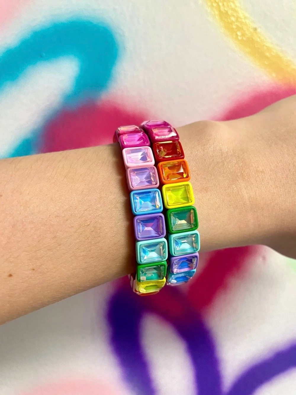James Bowie Rainbow Multi-Colored Jeweled and Metal Frame Stretch Bracelet